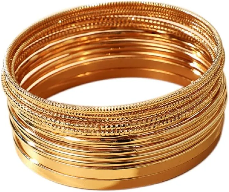 Fuqimanman2020 Boho Chunky Indian Multi Layered Stackable Textured Bangle Bracelets Set Faux Pearl Smooth Cable Bracelet Gold Tone for Women Wedding Jewelry