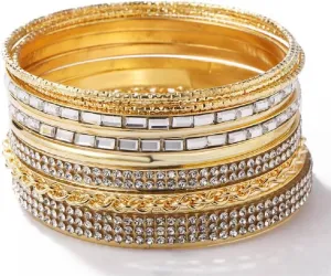 Fuqimanman2020 Boho Chunky Indian Multi Layered Stackable Textured Bangle Bracelets Set Faux Pearl Smooth Cable Bracelet Gold Tone for Women Wedding Jewelry
