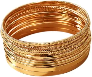 Fuqimanman2020 Boho Chunky Indian Multi Layered Stackable Textured Bangle Bracelets Set Faux Pearl Smooth Cable Bracelet Gold Tone for Women Wedding Jewelry