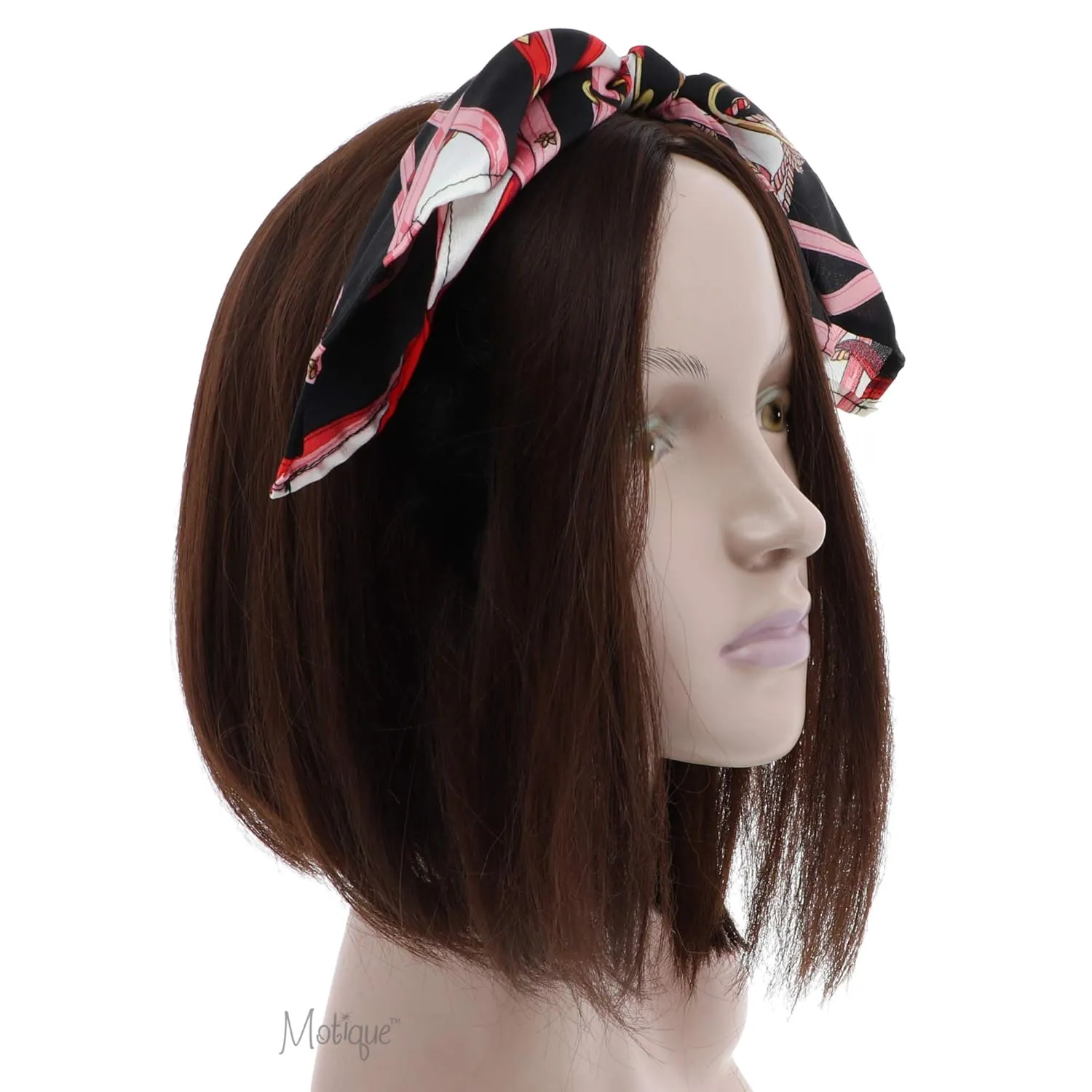 Fur Headband with Patterned Silk Tie Knot for Women and Girls - Black Pink
