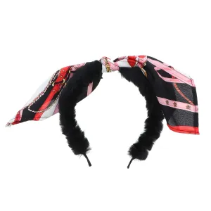 Fur Headband with Patterned Silk Tie Knot for Women and Girls - Black Pink