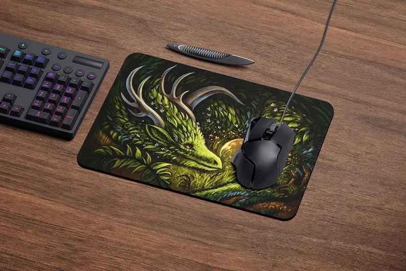 Furry Green Dragon Rectangle Mouse Pad with Size Options