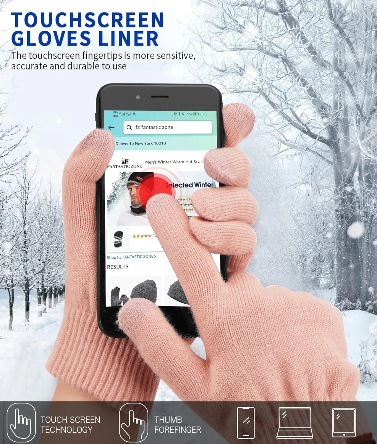 FZ FANTASTIC ZONE Women's Winter Touchscreen Wool Magic Gloves Warm Knit Fleece Lined for Women