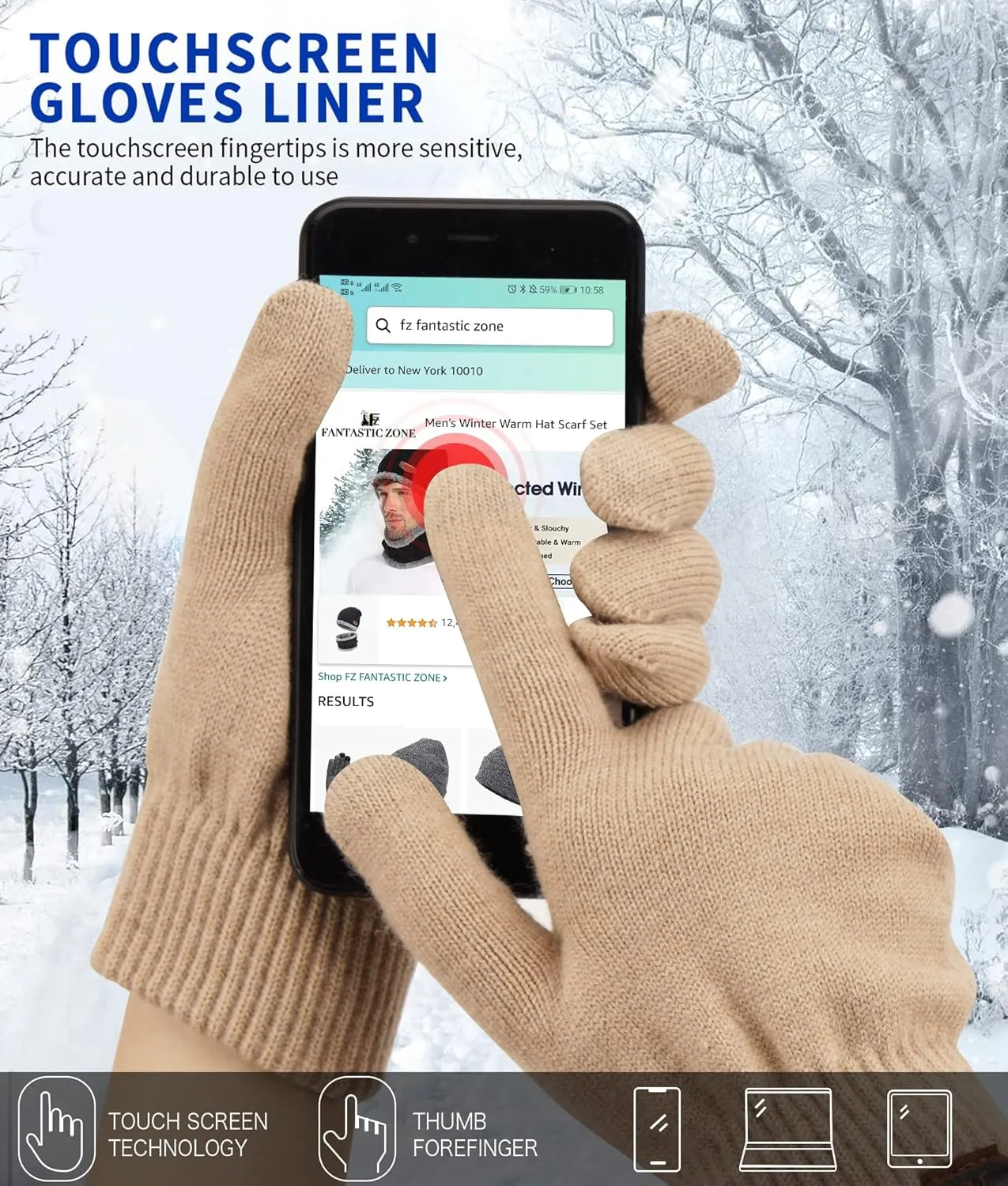 FZ FANTASTIC ZONE Women's Winter Touchscreen Wool Magic Gloves Warm Knit Fleece Lined for Women