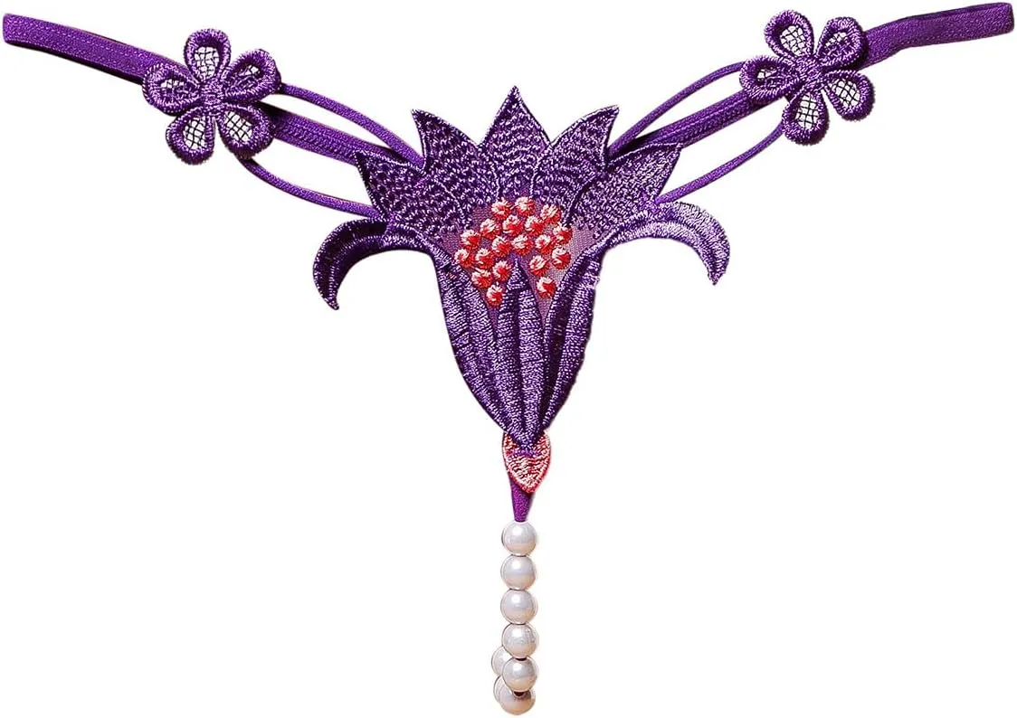 G-String Thong Lady Women Flower Lace Shapes Pearl Panties Cutout V-Strings Cute Lingerie for Women T Pants Outfits