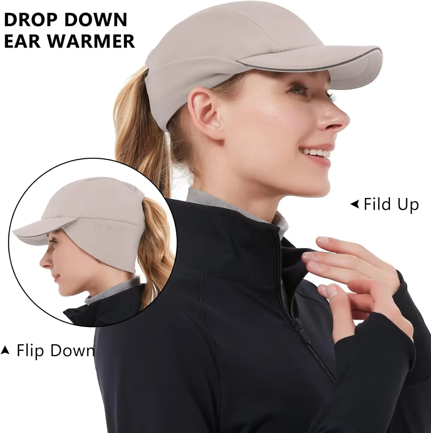 GADIEMKENSD Women's Winter Reflective Fleece Ponytail Hat with Drop Down Ear Warmer