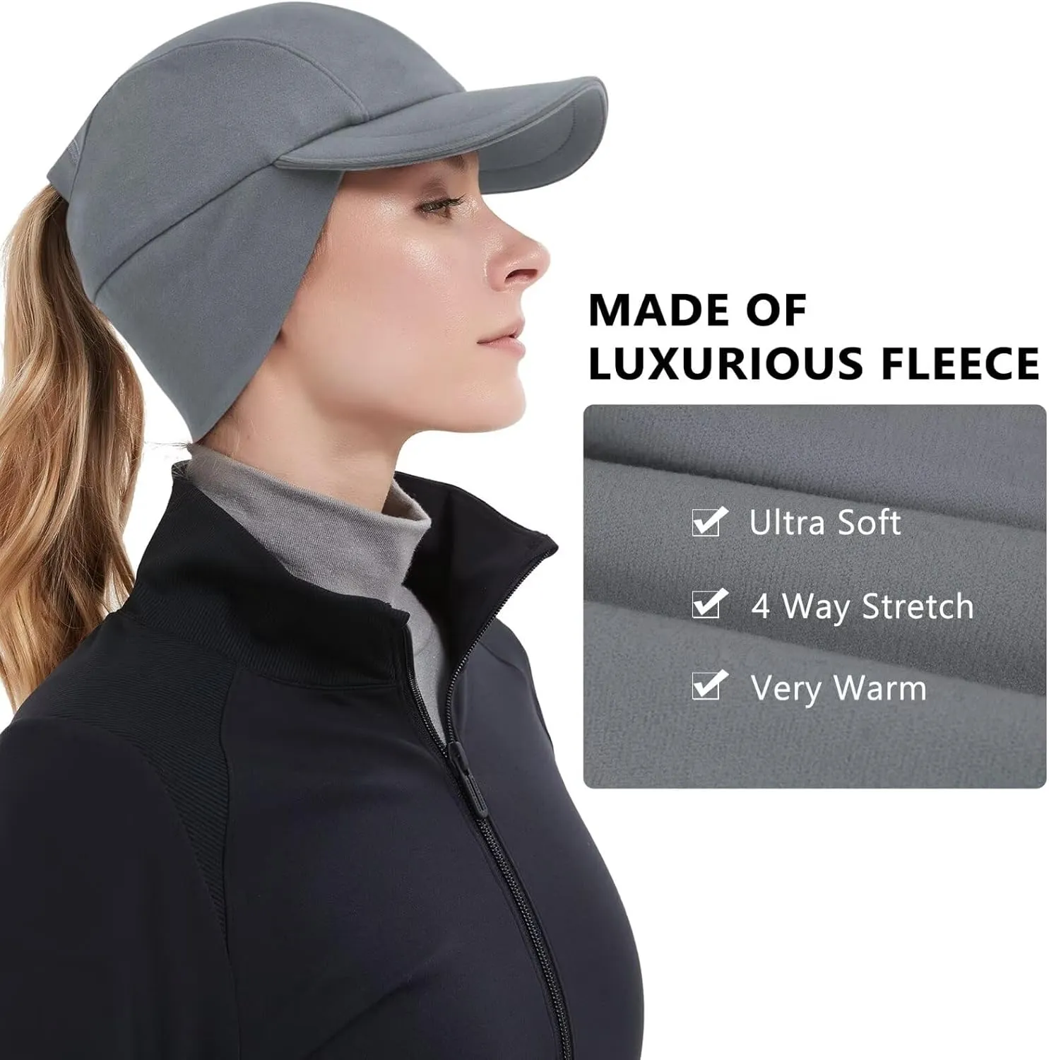 GADIEMKENSD Women's Winter Reflective Fleece Ponytail Hat with Drop Down Ear Warmer