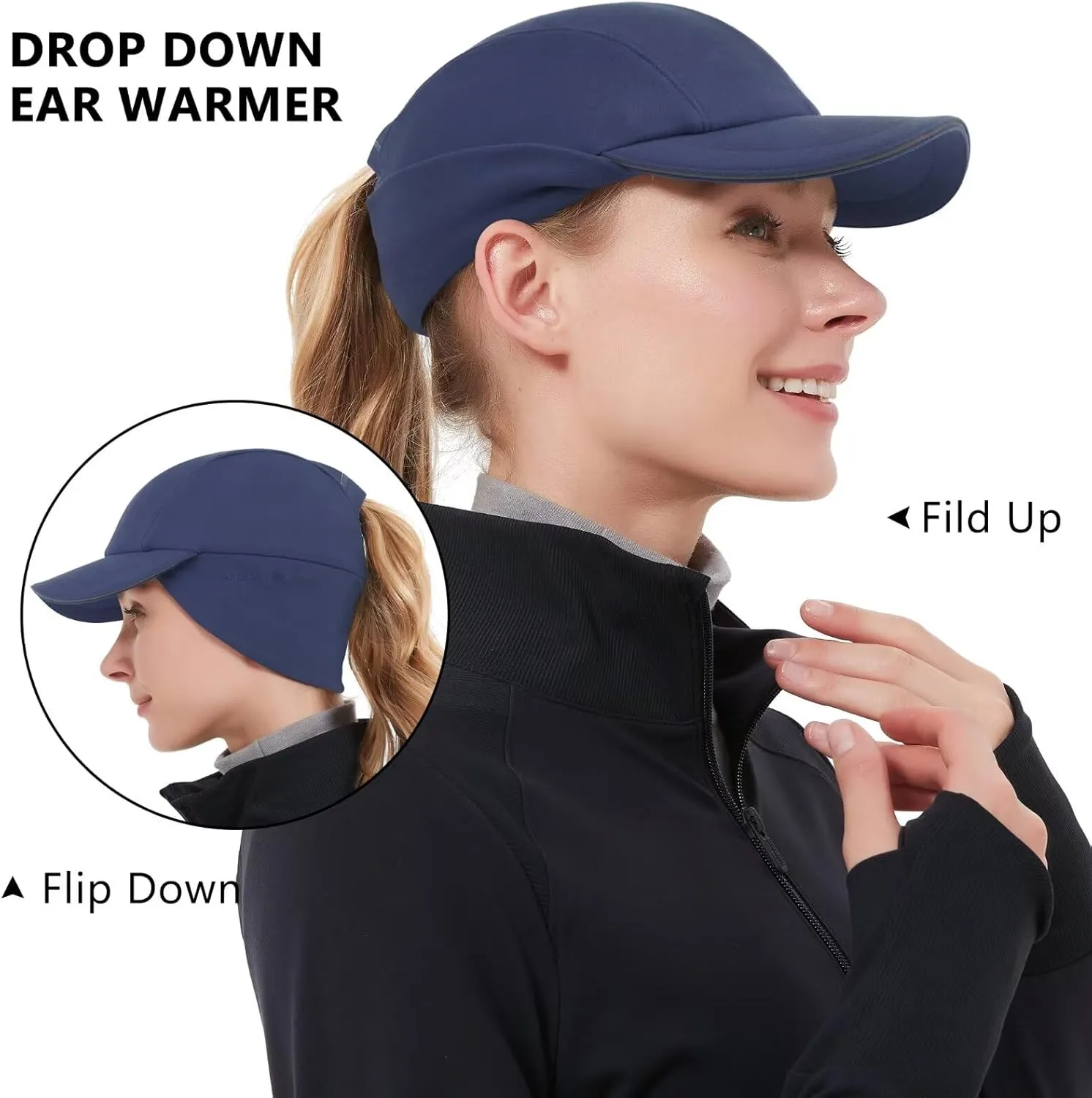 GADIEMKENSD Women's Winter Reflective Fleece Ponytail Hat with Drop Down Ear Warmer