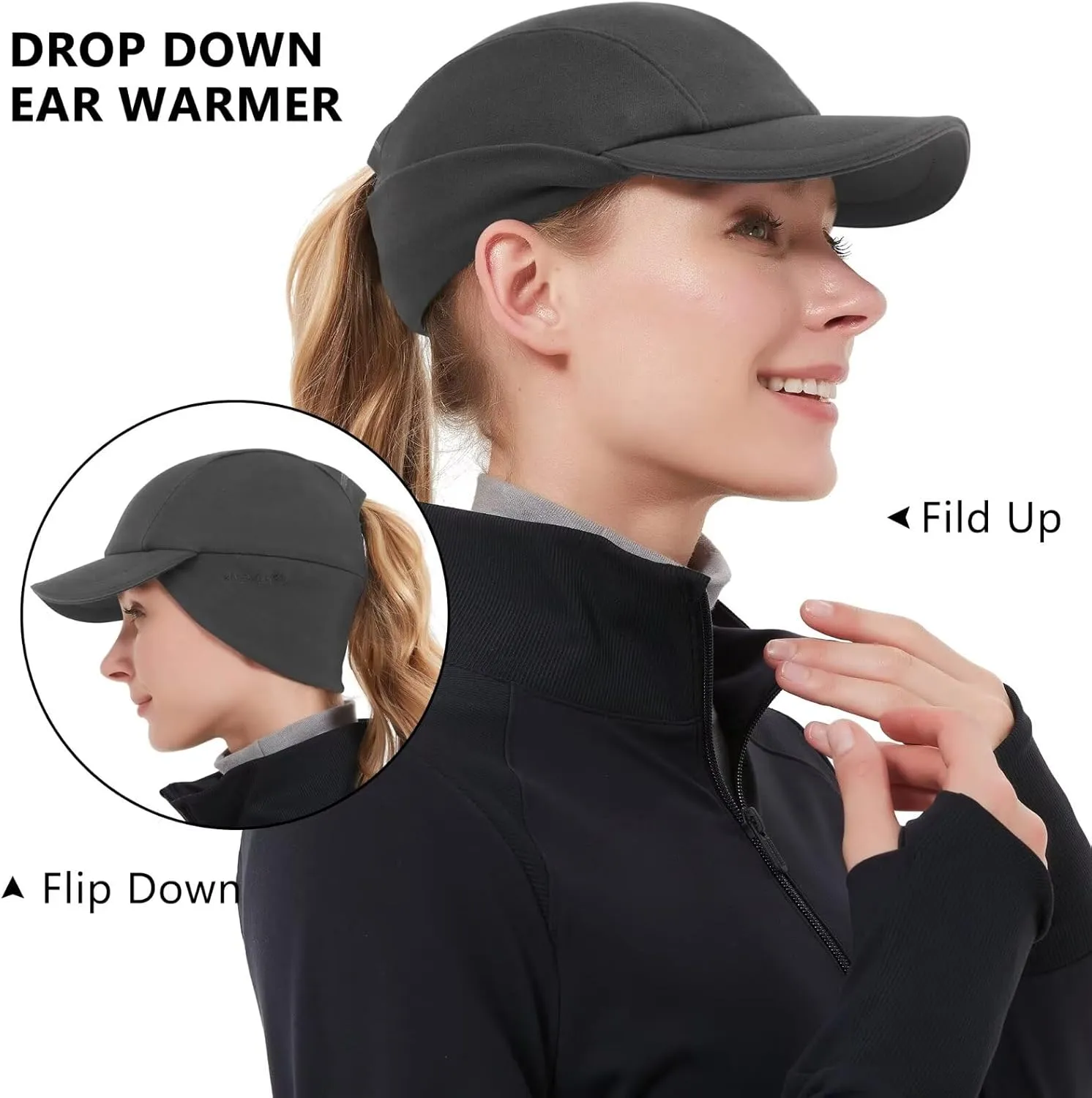 GADIEMKENSD Women's Winter Reflective Fleece Ponytail Hat with Drop Down Ear Warmer