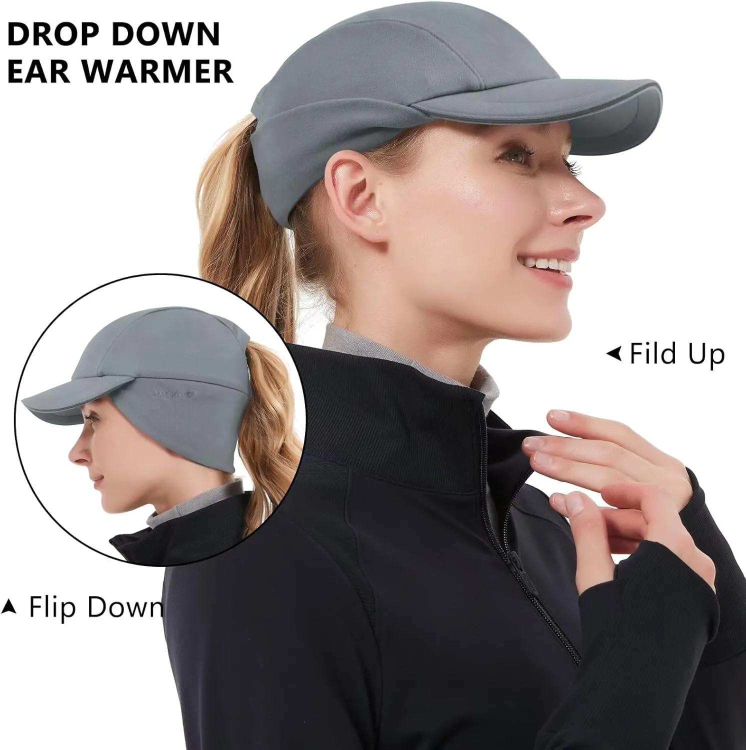 GADIEMKENSD Women's Winter Reflective Fleece Ponytail Hat with Drop Down Ear Warmer