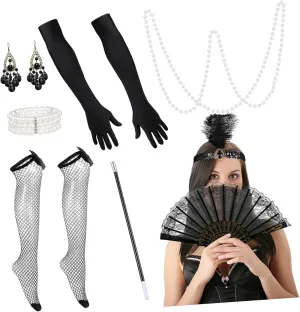 GALPADA 1920s Flapper Women Costume Accessory Set Retro Necklace Gloves Pearl Jewelry for Party