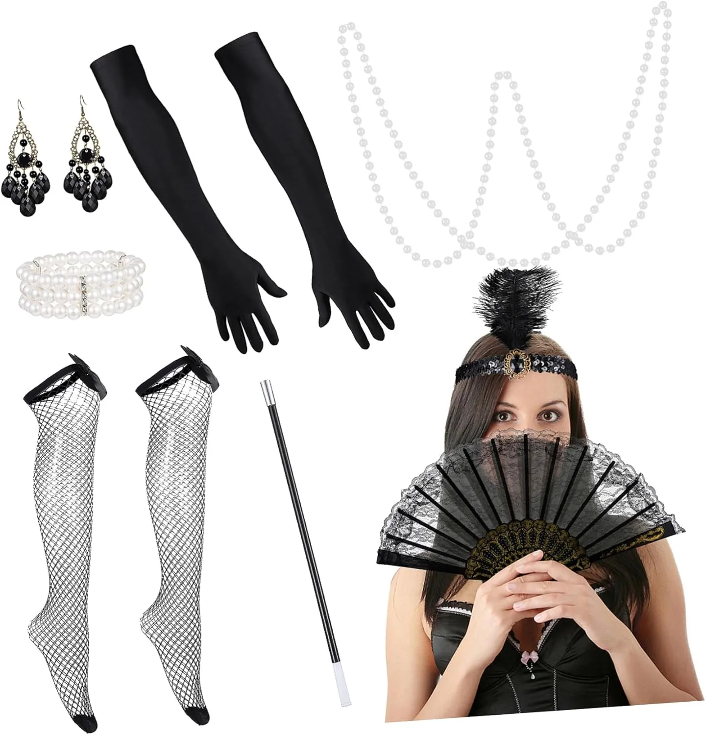GALPADA 1920s Flapper Women Costume Accessory Set Retro Necklace Gloves Pearl Jewelry for Party