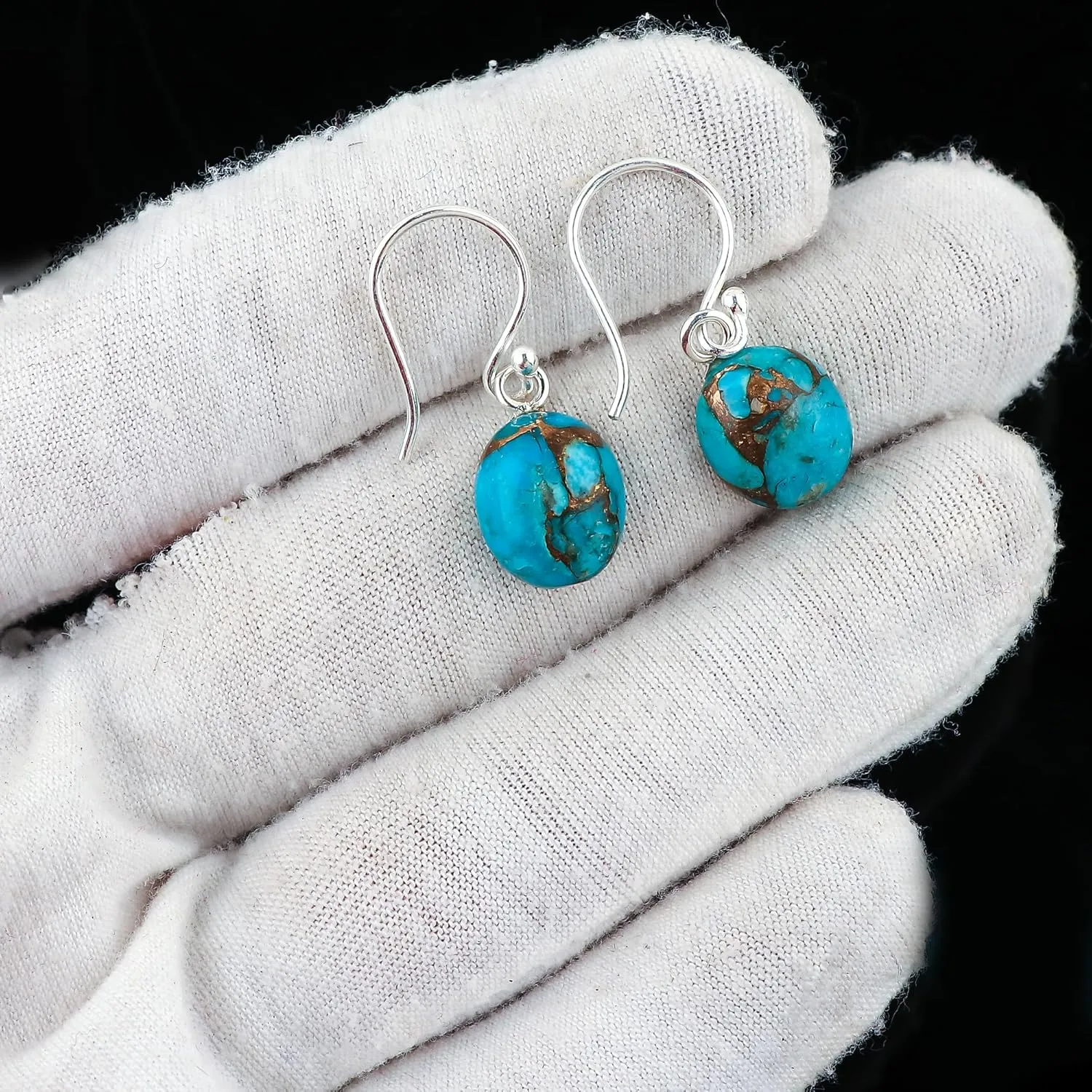 Genuine Turquoise Gemstone Earring, 925 Sterling Silver Jewelry, Chakra Healing Crystals Cabochon Stones, Handmade Designer Jewelry, Birthday Gift for Her, Mother's Day