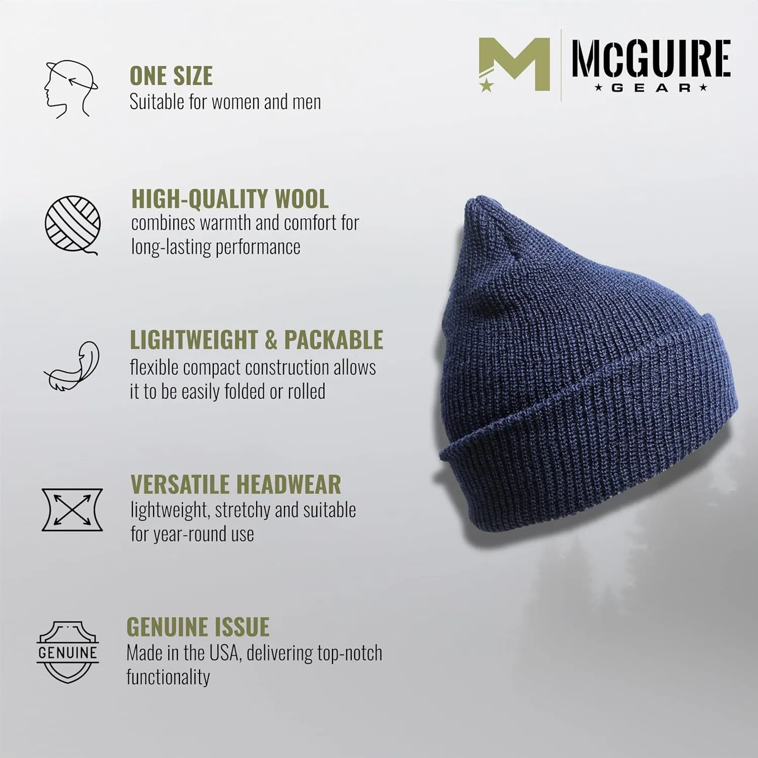 Genuine Wool Ski Watch Cap, Made in USA, 3 Pack - 100% Wool