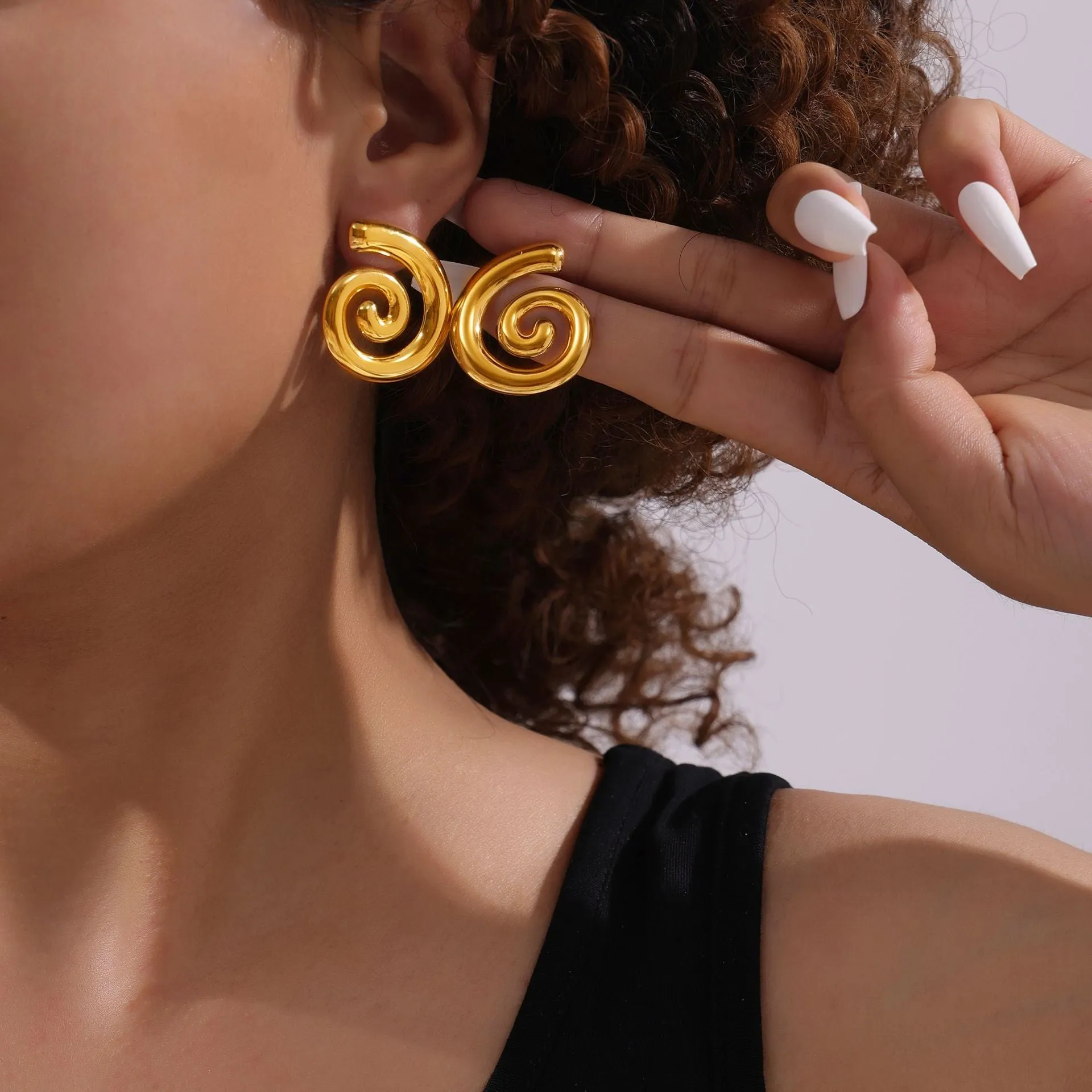 Geometric Spiral Gold-Plated Stud Earrings