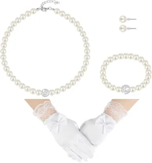 Geyoga 4 Pcs Pearl Necklace Set for Girls Little Girls Tea Party Jewelry White Pearl Earrings Bracelet Sets First Communion Gloves Kit for kids Age 4-12 Years
