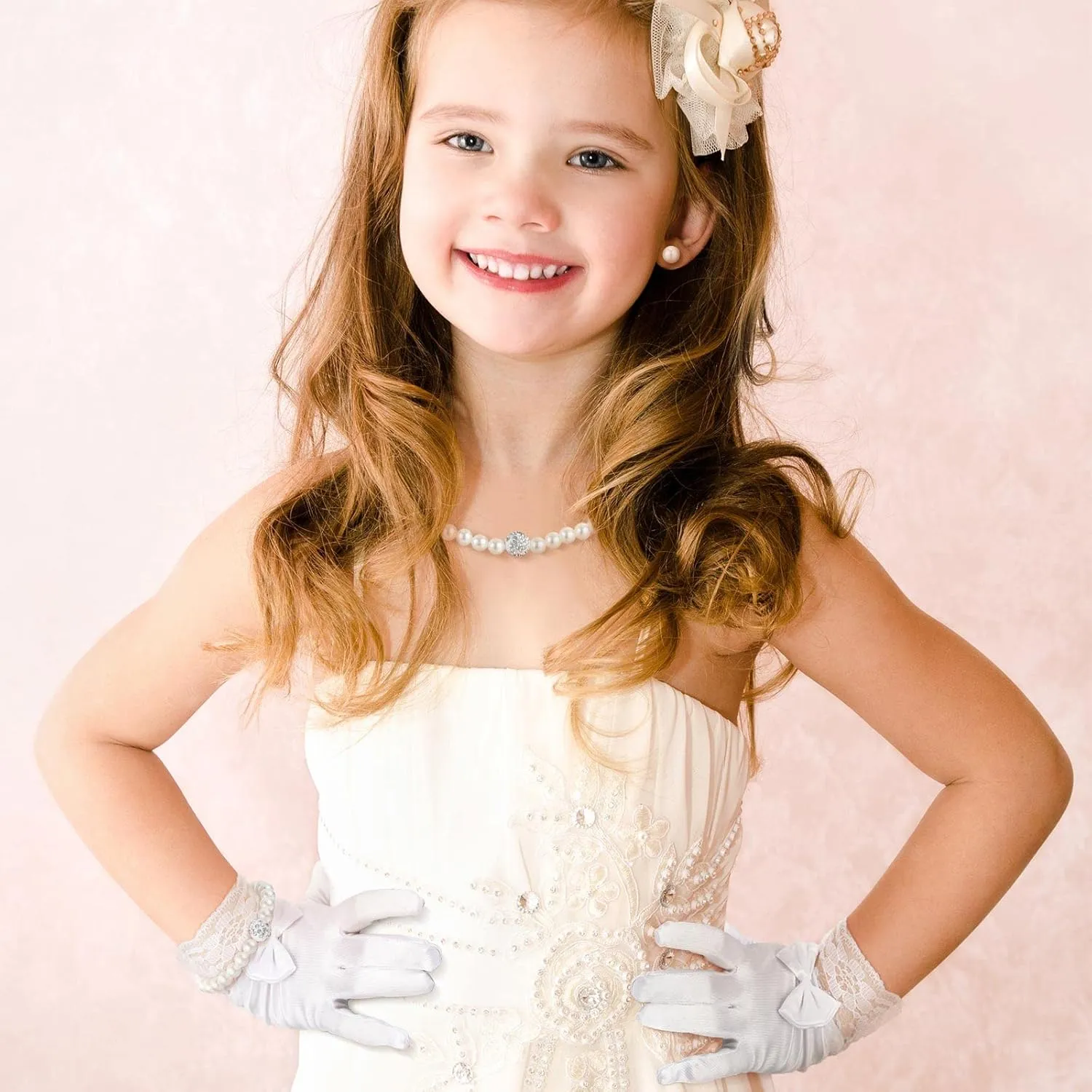 Geyoga 4 Pcs Pearl Necklace Set for Girls Little Girls Tea Party Jewelry White Pearl Earrings Bracelet Sets First Communion Gloves Kit for kids Age 4-12 Years
