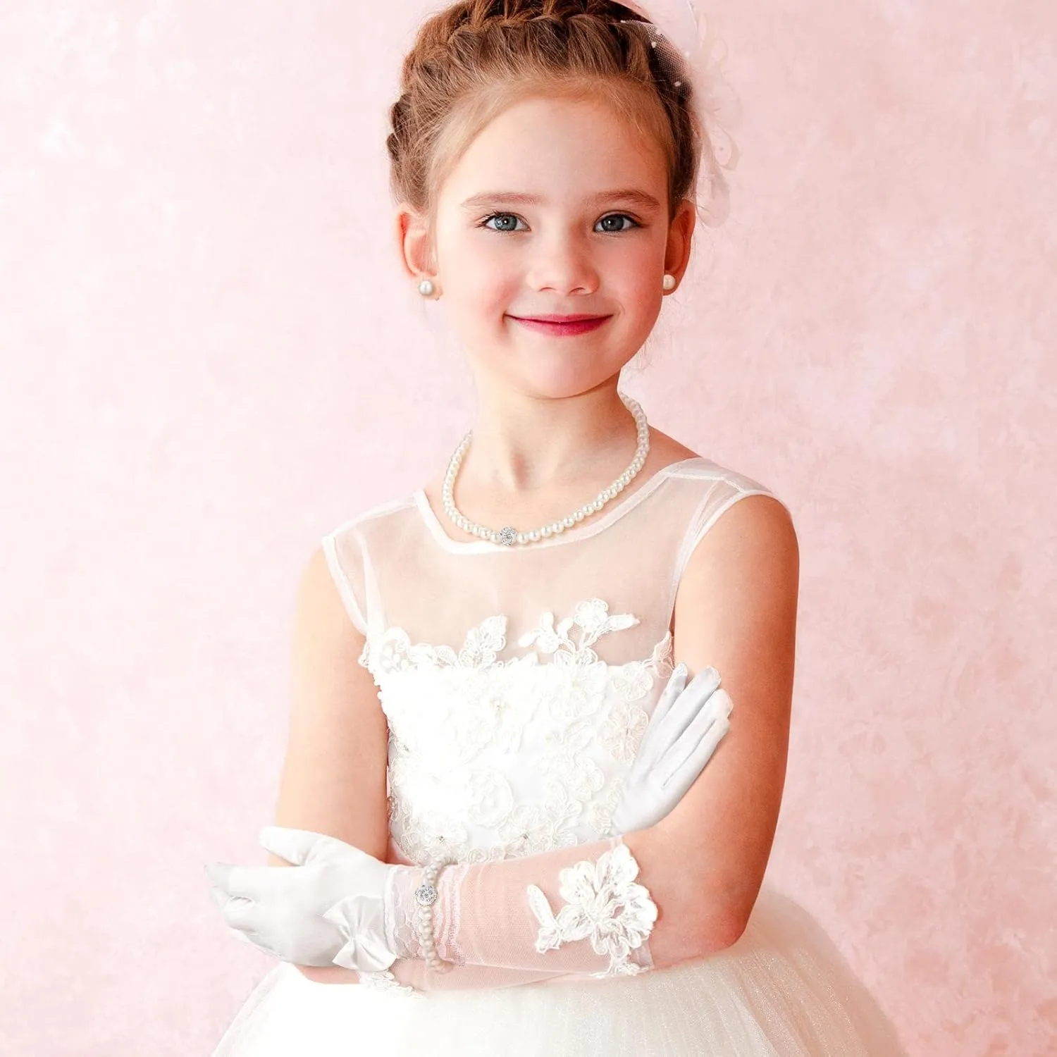Geyoga 4 Pcs Pearl Necklace Set for Girls Little Girls Tea Party Jewelry White Pearl Earrings Bracelet Sets First Communion Gloves Kit for kids Age 4-12 Years