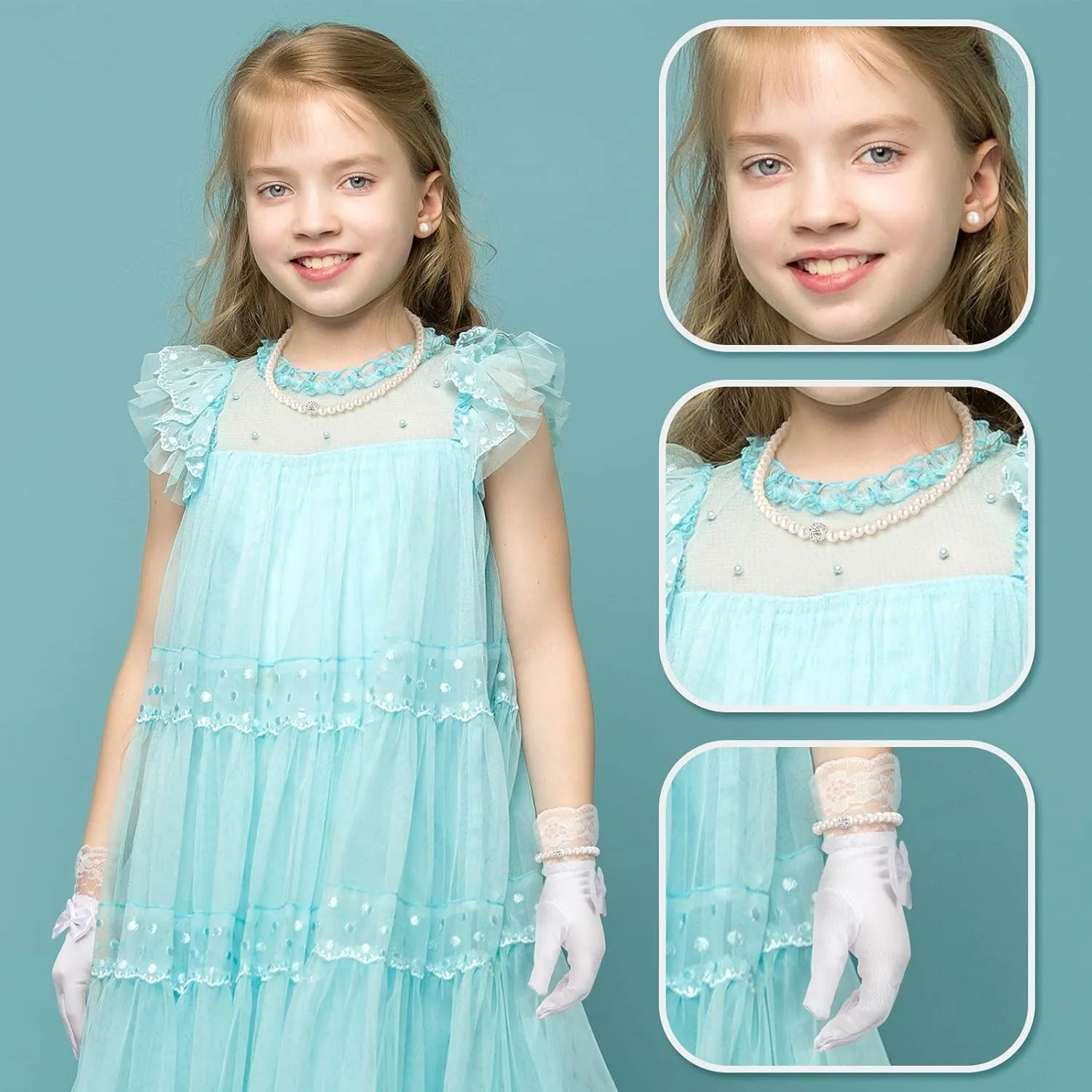 Geyoga 4 Pcs Pearl Necklace Set for Girls Little Girls Tea Party Jewelry White Pearl Earrings Bracelet Sets First Communion Gloves Kit for kids Age 4-12 Years