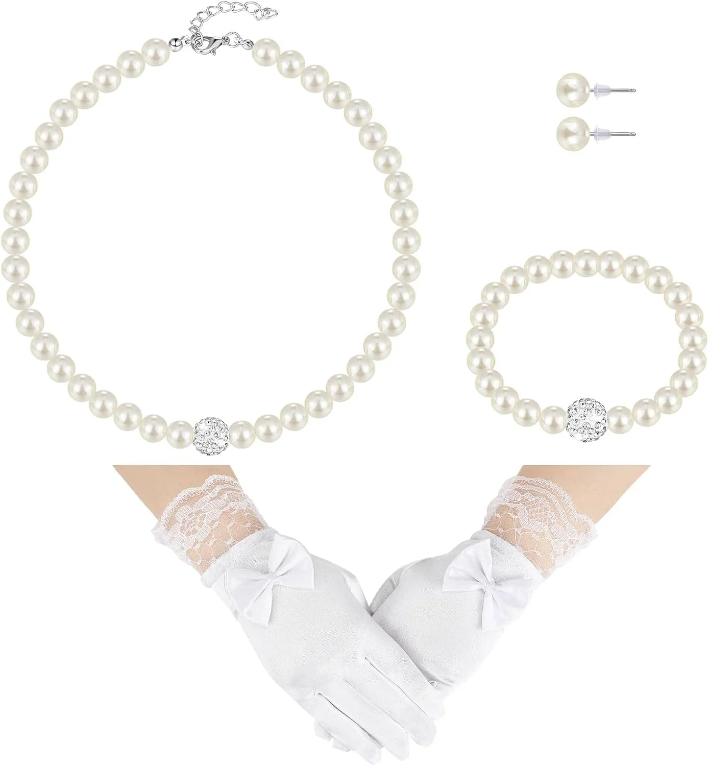 Geyoga 4 Pcs Pearl Necklace Set for Girls Little Girls Tea Party Jewelry White Pearl Earrings Bracelet Sets First Communion Gloves Kit for kids Age 4-12 Years