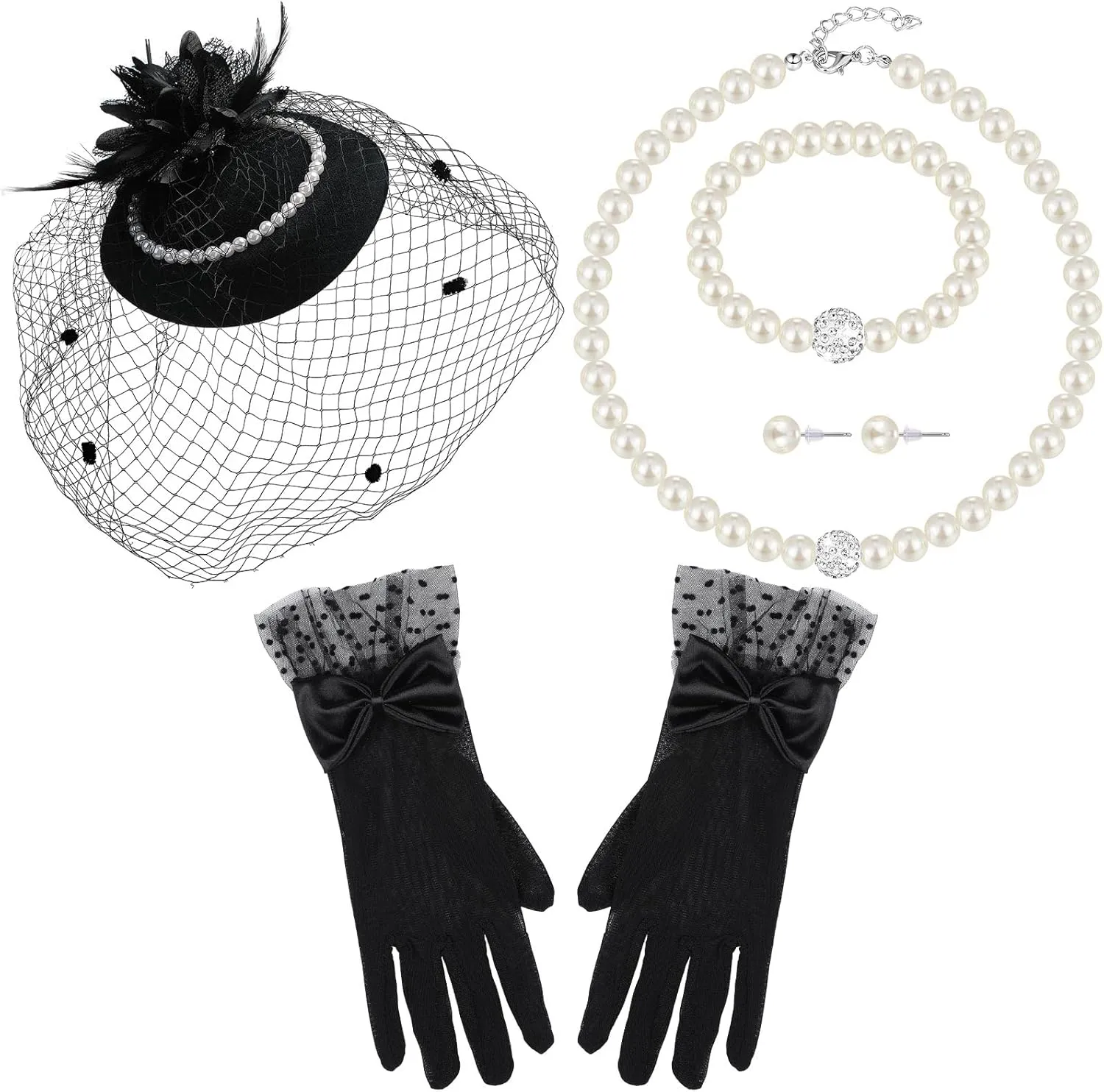 Geyoga 5 Pcs Tea Party Hat and Glove Set Fascinators Hat for Women Veil Headband Pearl Jewelry for 1920s Party