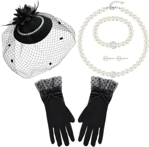 Geyoga 5 Pcs Tea Party Hat and Glove Set Fascinators Hat for Women Veil Headband Pearl Jewelry for 1920s Party