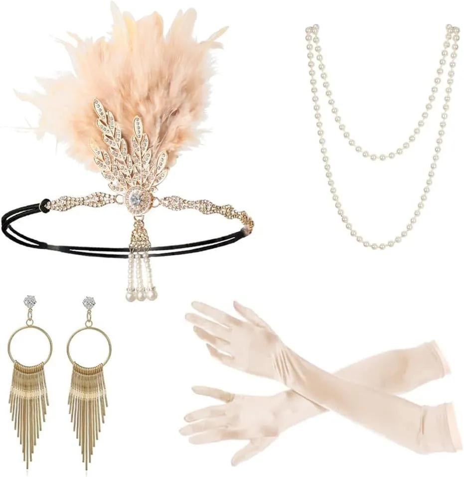 Gionforsy 1920s Flapper Set Roaring 20s Gatsby Accessories for Women Feather Headband 1920s Flapper Girl Accessories