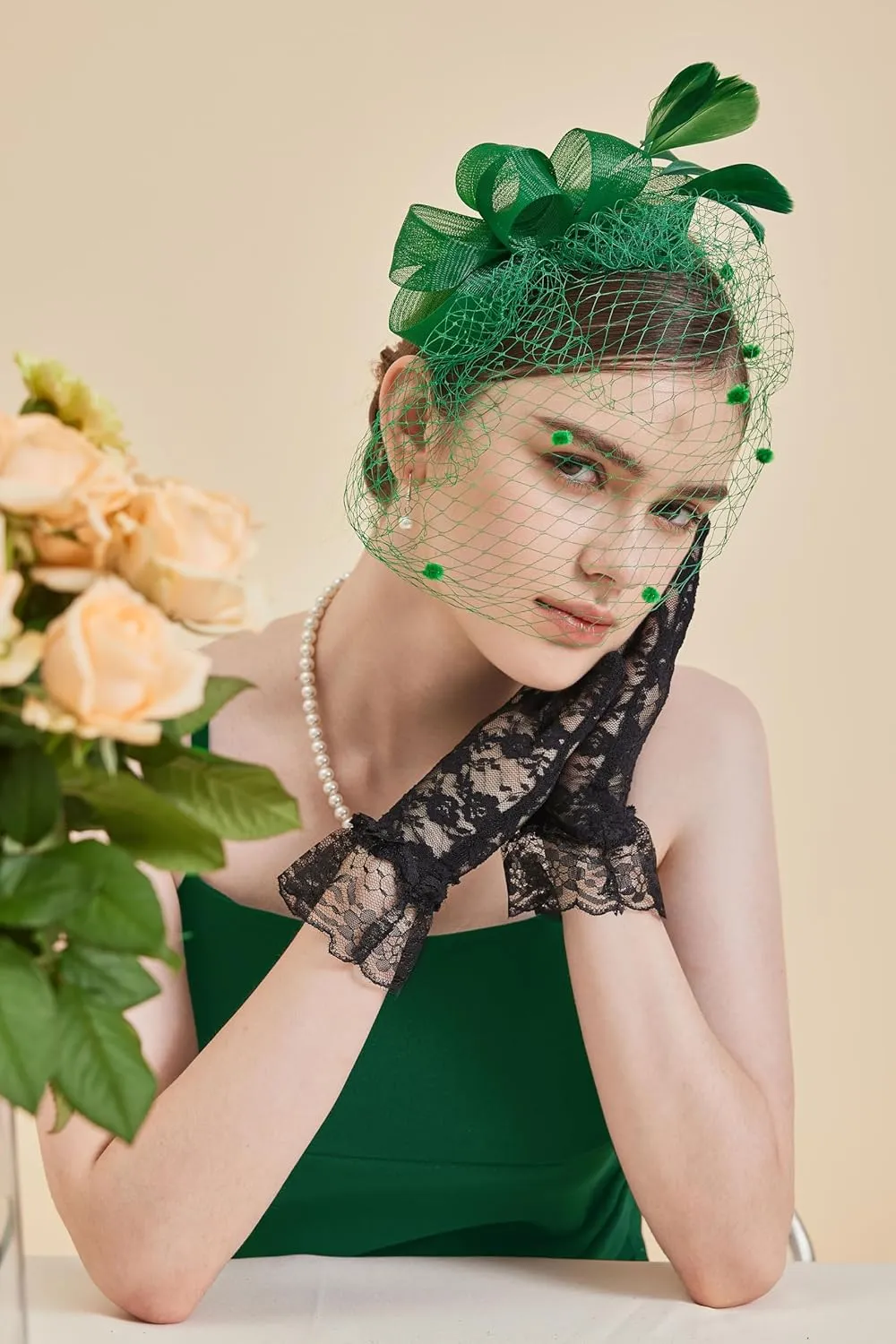 Gionforsy Fascinators Hat for Women Tea Party Headband Lace Gloves Wedding Mesh Feathers Hair Clip