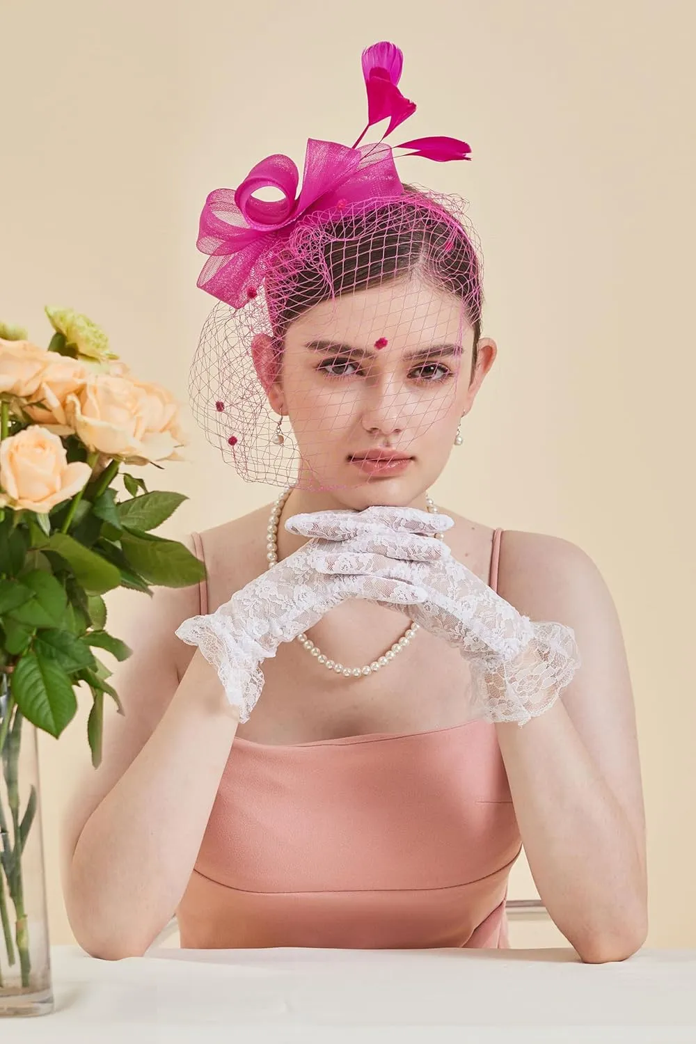 Gionforsy Fascinators Hat for Women Tea Party Headband Lace Gloves Wedding Mesh Feathers Hair Clip