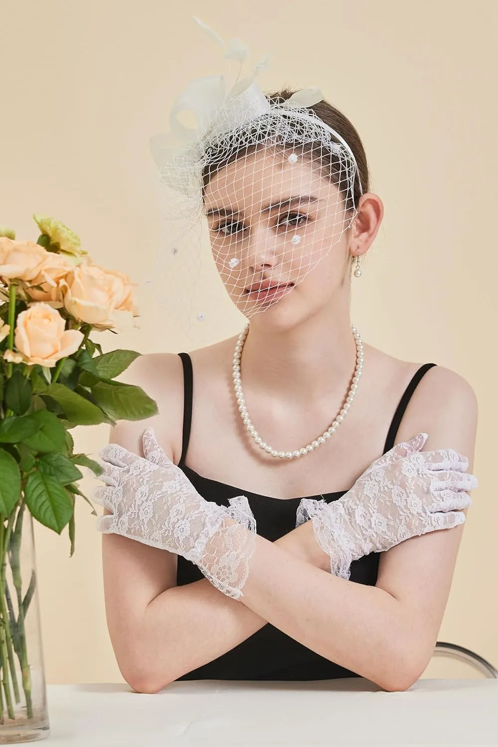 Gionforsy Fascinators Hat for Women Tea Party Headband Lace Gloves Wedding Mesh Feathers Hair Clip