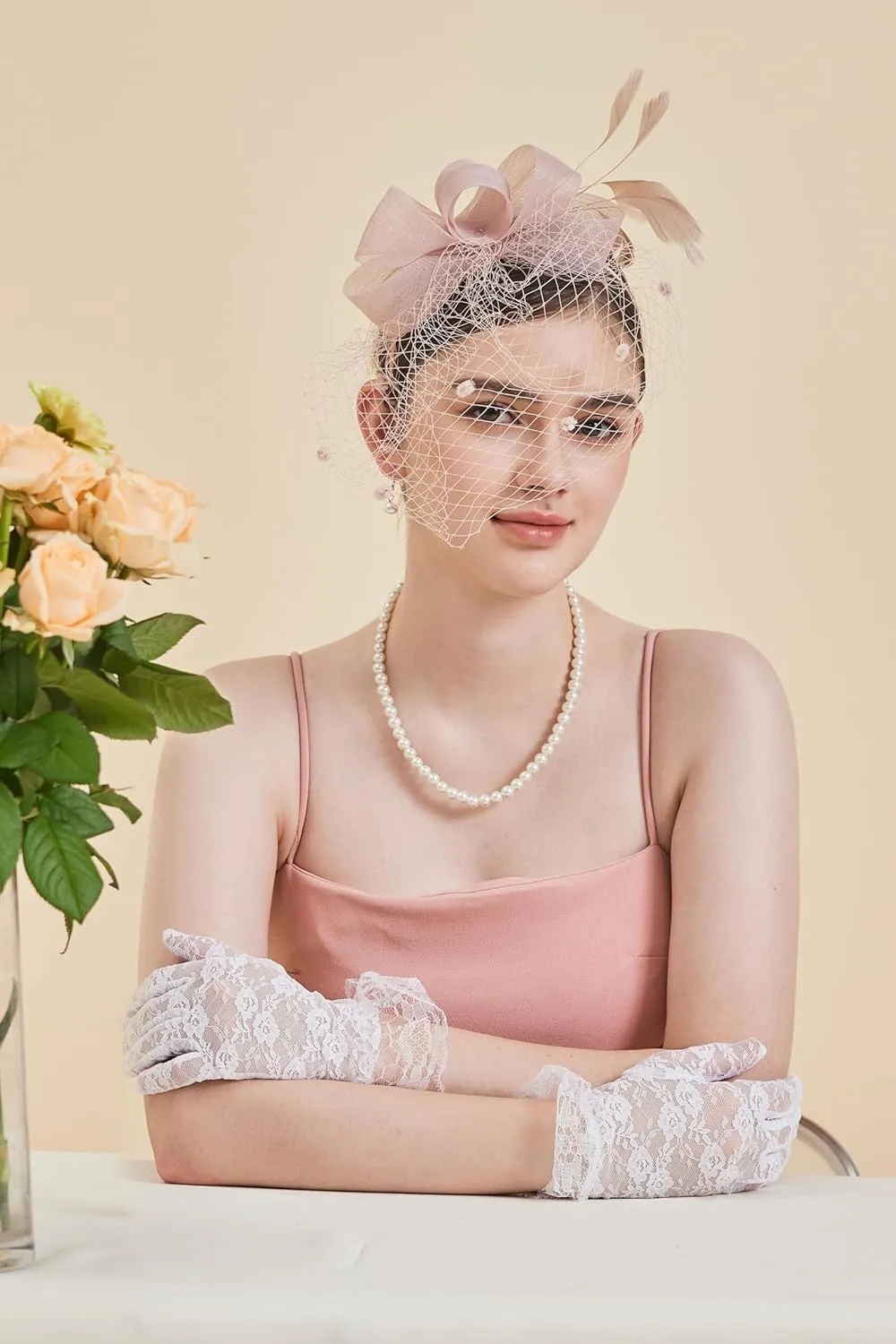 Gionforsy Fascinators Hat for Women Tea Party Headband Lace Gloves Wedding Mesh Feathers Hair Clip