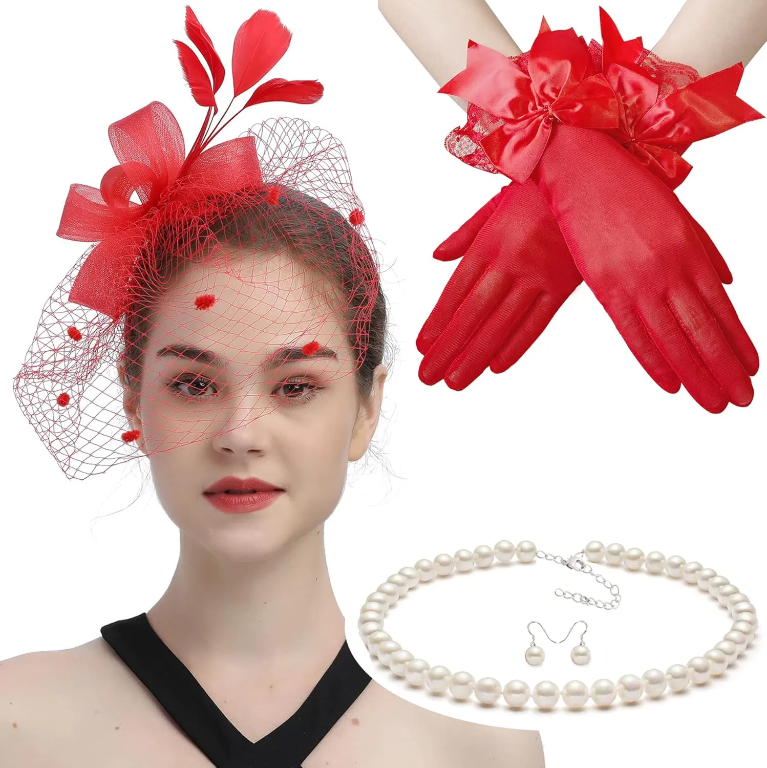 Gionforsy Fascinators Hat for Women Tea Party Headband Lace Gloves Wedding Mesh Feathers Hair Clip