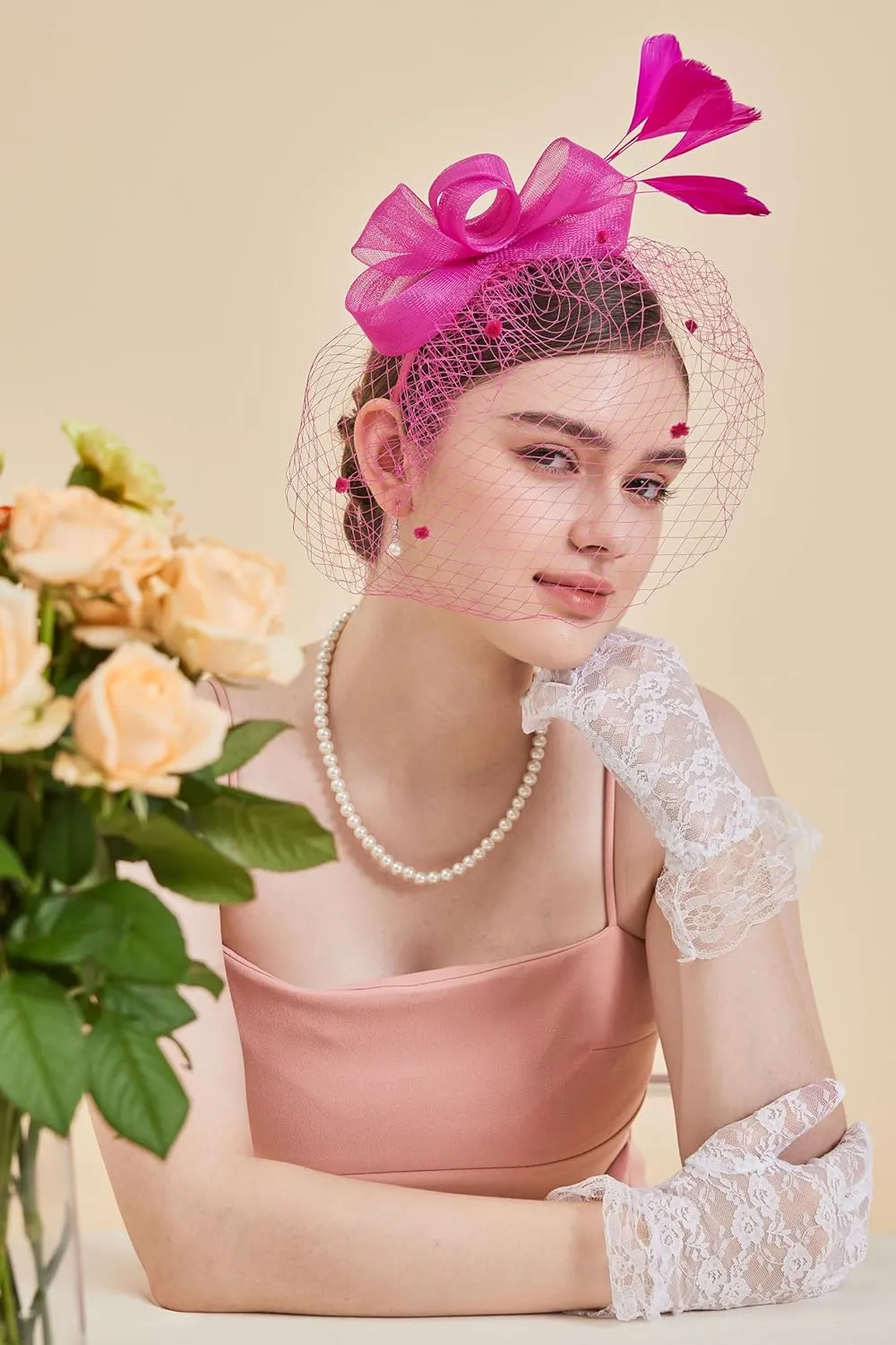 Gionforsy Fascinators Hat for Women Tea Party Headband Lace Gloves Wedding Mesh Feathers Hair Clip