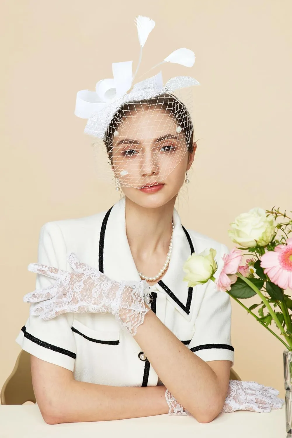 Gionforsy Fascinators Hat for Women Tea Party Headband Lace Gloves Wedding Mesh Feathers Hair Clip