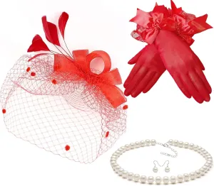Gionforsy Fascinators Hat for Women Tea Party Headband Lace Gloves Wedding Mesh Feathers Hair Clip
