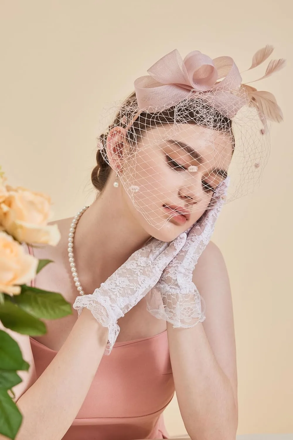 Gionforsy Fascinators Hat for Women Tea Party Headband Lace Gloves Wedding Mesh Feathers Hair Clip