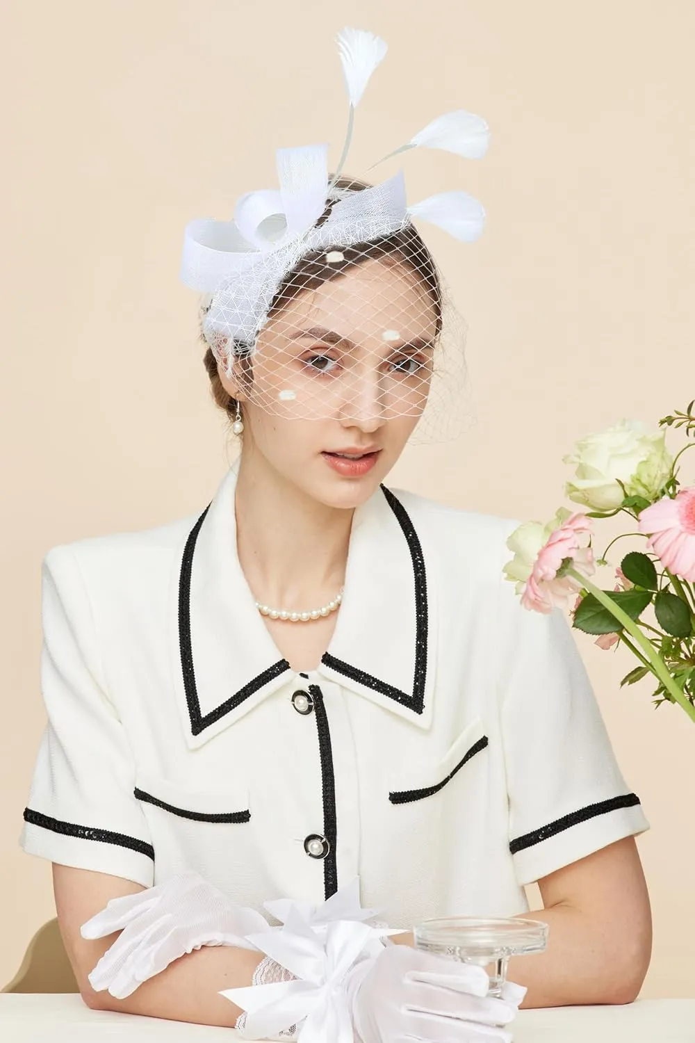 Gionforsy Fascinators Hat for Women Tea Party Headband Lace Gloves Wedding Mesh Feathers Hair Clip