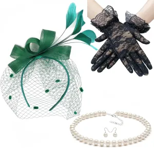 Gionforsy Fascinators Hat for Women Tea Party Headband Lace Gloves Wedding Mesh Feathers Hair Clip