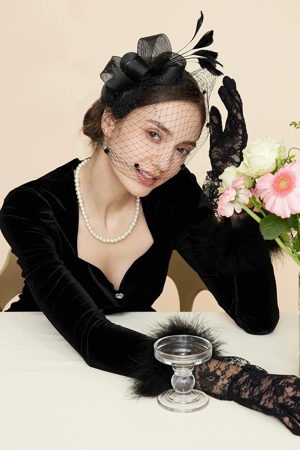 Gionforsy Fascinators Hat for Women Tea Party Headband Lace Gloves Wedding Mesh Feathers Hair Clip
