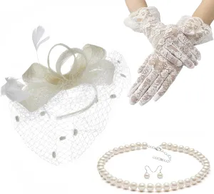 Gionforsy Fascinators Hat for Women Tea Party Headband Lace Gloves Wedding Mesh Feathers Hair Clip
