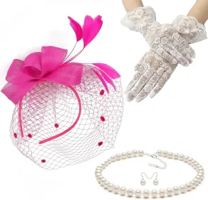 Gionforsy Fascinators Hat for Women Tea Party Headband Lace Gloves Wedding Mesh Feathers Hair Clip