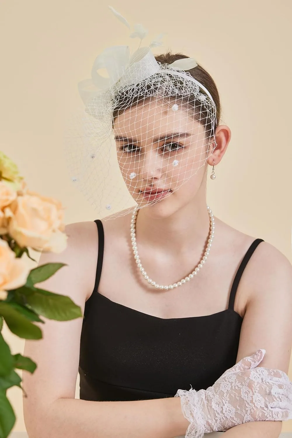 Gionforsy Fascinators Hat for Women Tea Party Headband Lace Gloves Wedding Mesh Feathers Hair Clip