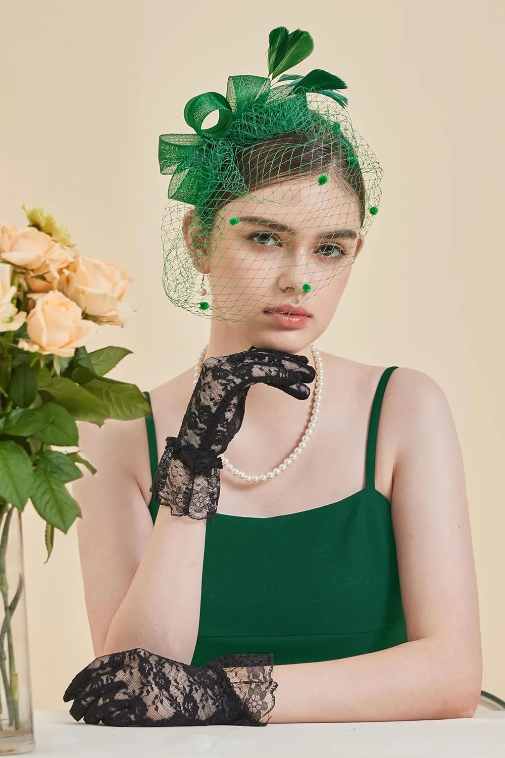 Gionforsy Fascinators Hat for Women Tea Party Headband Lace Gloves Wedding Mesh Feathers Hair Clip