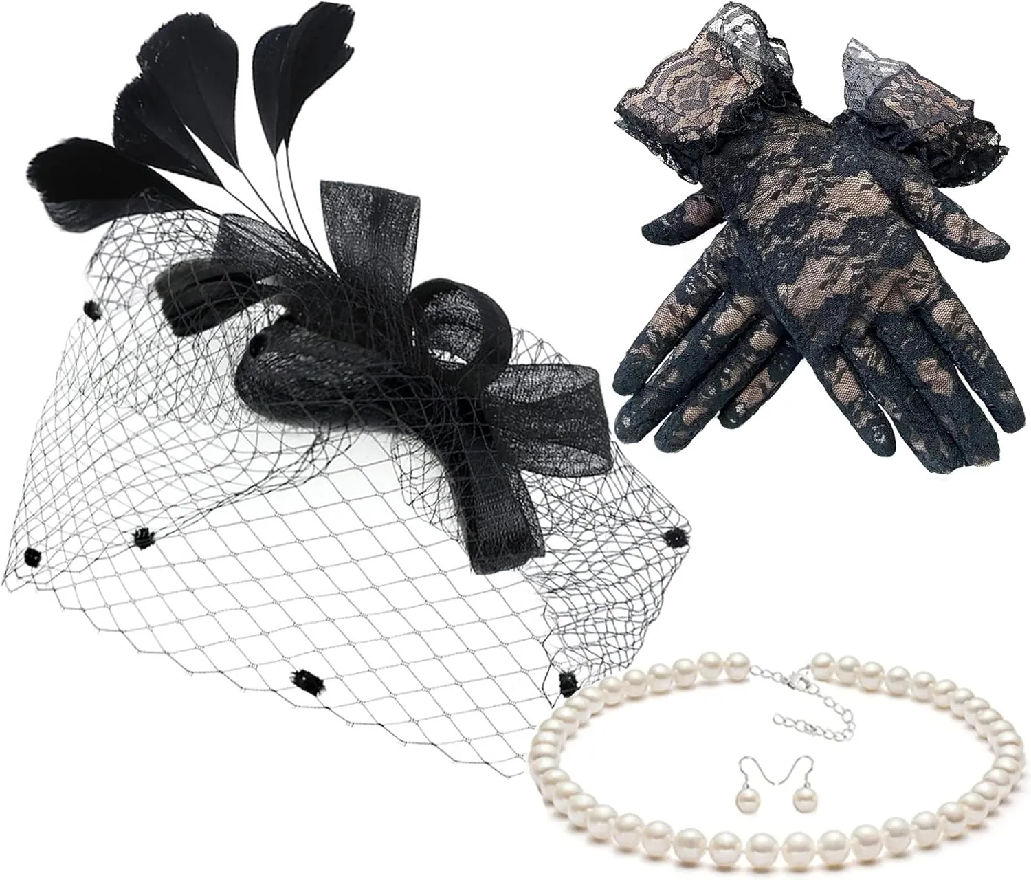 Gionforsy Fascinators Hat for Women Tea Party Headband Lace Gloves Wedding Mesh Feathers Hair Clip