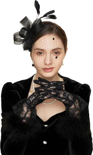 Gionforsy Fascinators Hat for Women Tea Party Headband Lace Gloves Wedding Mesh Feathers Hair Clip