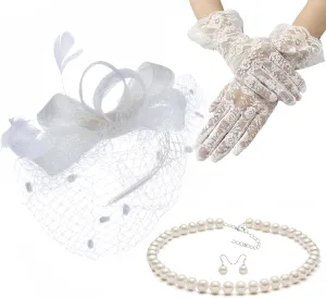 Gionforsy Fascinators Hat for Women Tea Party Headband Lace Gloves Wedding Mesh Feathers Hair Clip