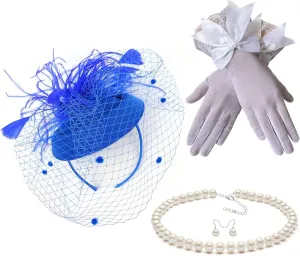 Gionforsy Pillbox Fascinator Veil Feather Derby Hat Lace Gloves Pearl Necklace