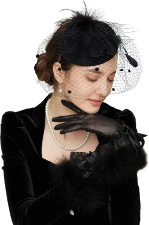 Gionforsy Pillbox Fascinator Veil Feather Derby Hat Lace Gloves Pearl Necklace