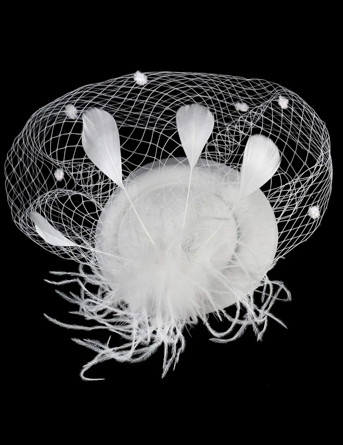 Gionforsy Pillbox Fascinator Veil Feather Derby Hat Lace Gloves Pearl Necklace