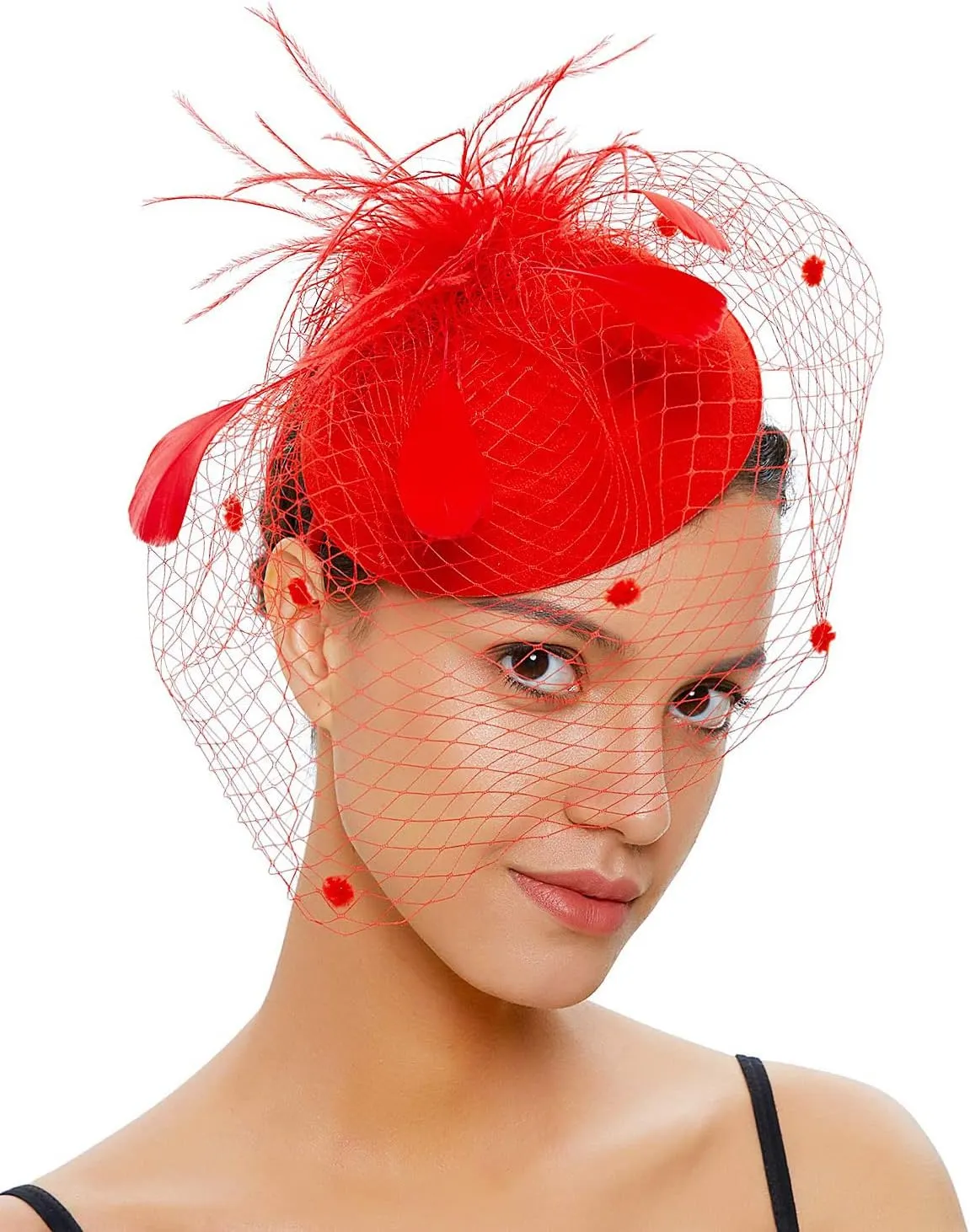 Gionforsy Pillbox Fascinator Veil Feather Derby Hat Lace Gloves Pearl Necklace